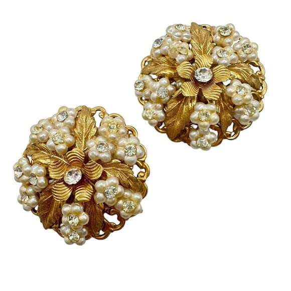 Leru Vintage Crystal Clip On Earrings Cluster Pearl Gold Chunky Signed 1950s - Picture 3 of 11